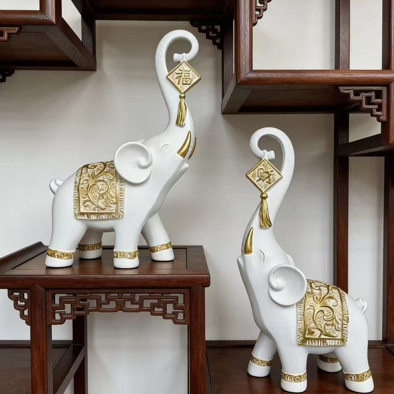 한 쌍의 중국 스타일 행운의 코끼리 코 조각상 가정 장 - Art Craft Elephant 리뷰 및 가격